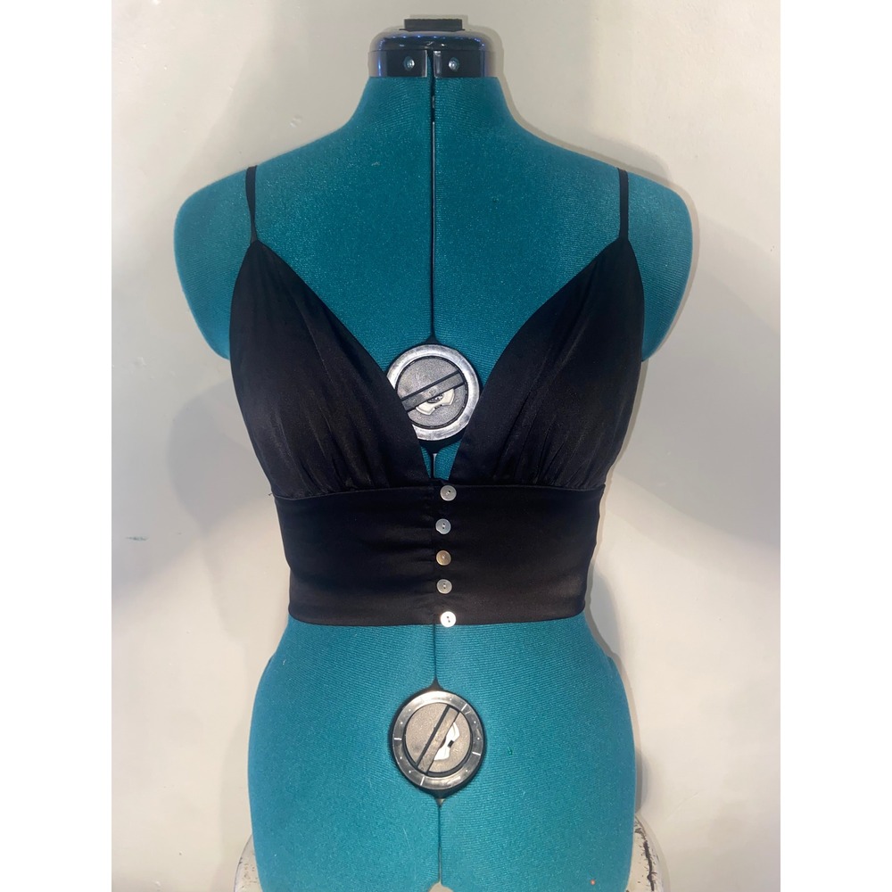 Forever21 Y2K Indie Festival Goth Satin Smocked Back Crop Top Button Up Bralette
